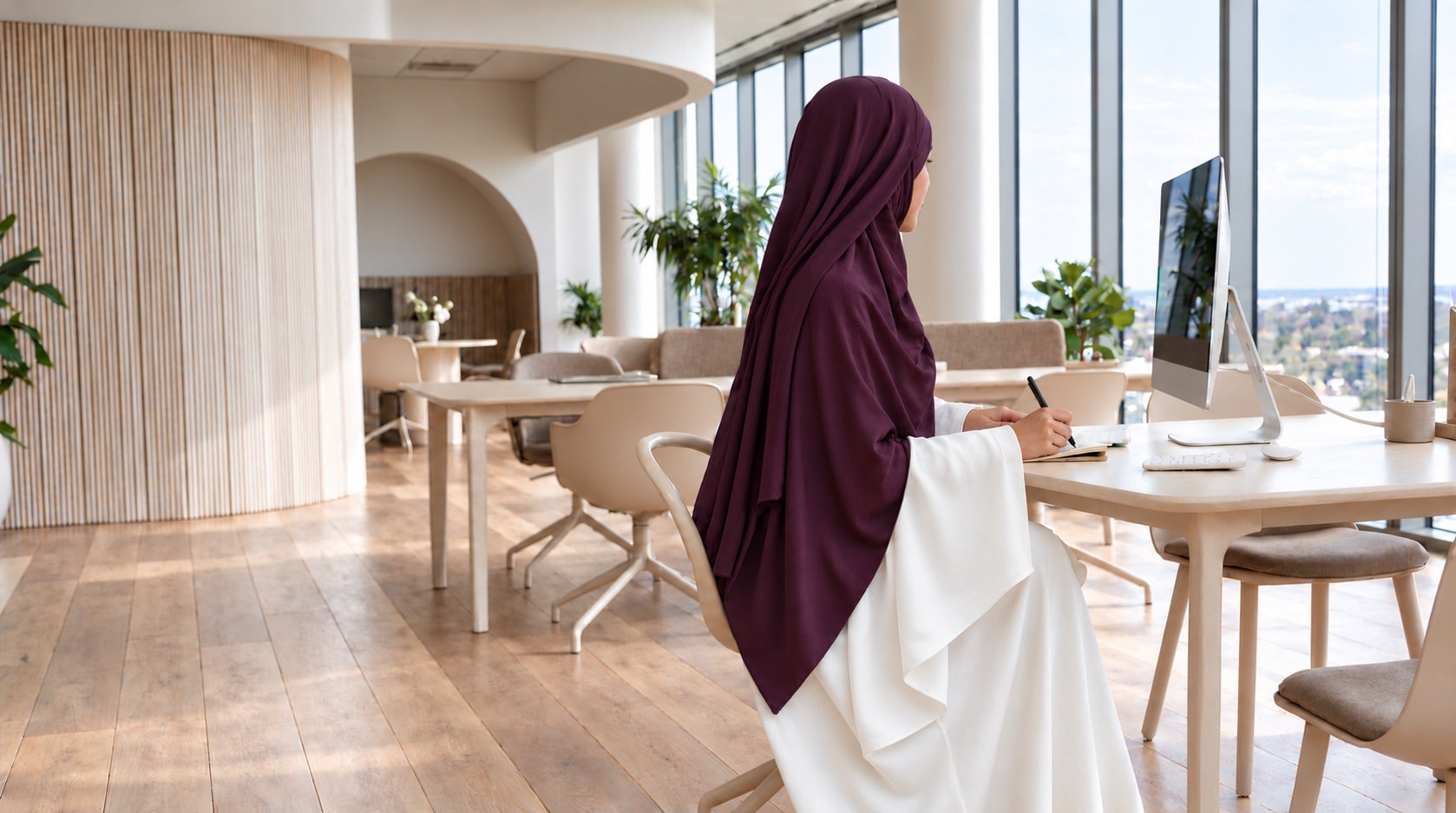 Femme portant le hijab écrivant dans un espace de travail lumineux